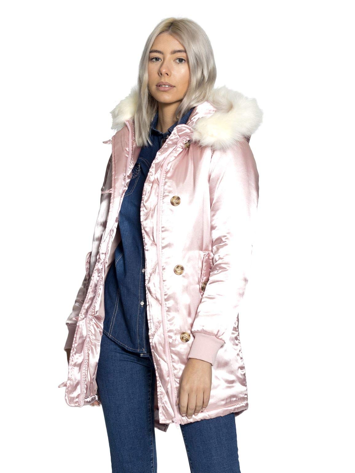 Ss7 Women's Pink Parka Coat Satin With Faux Fur