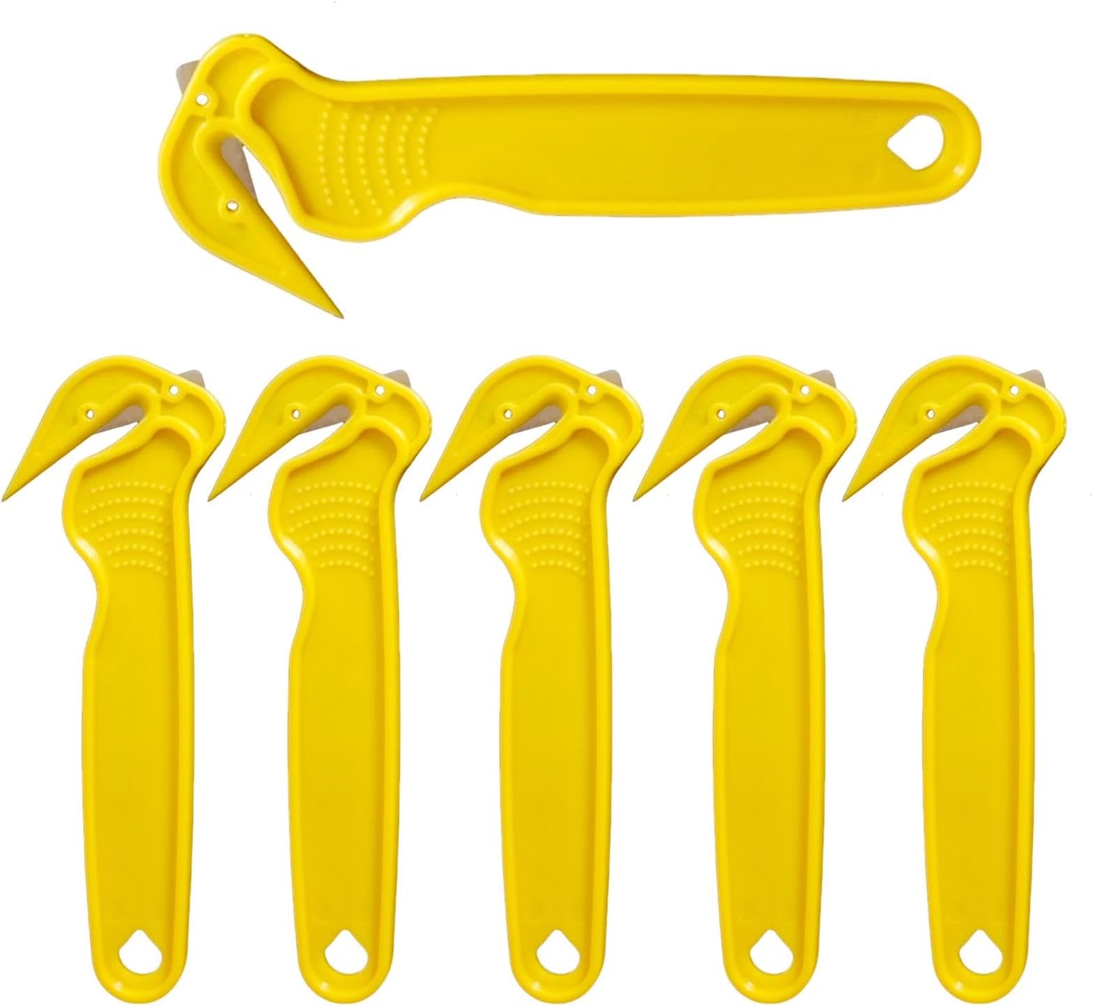 6 Pcs Yellow Box Cutters, Box Opener Tool - Handy Hook Knife Film/Tape/Strapping Knife (No Exposed Blade), Safety Knives & Bladeless Tape Splitter for Cryovac, Bags & Shrink Wrap