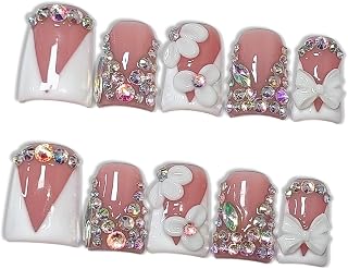 10pcs Press on Nails with Tools Kit, Short Duckbill Glossy White French Tips, Crystal Rhinestones & 3D Floral Designs, Icy Shimmer Finished Salon Nails, Reusable for Special Events (Size L)