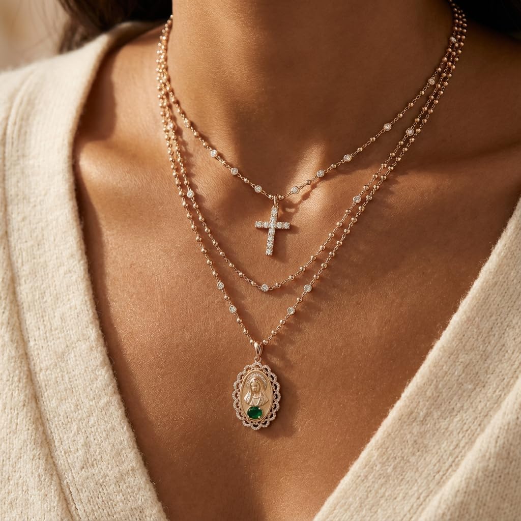 14K Gold Plated Virgin Mary Necklace for Women, Layered Blessed Mother Necklace with CZ Cross & Ruby Accents, Miraculous Medal Gold Marian Charm Beaded Chain Christian Jewelry Gift for Her