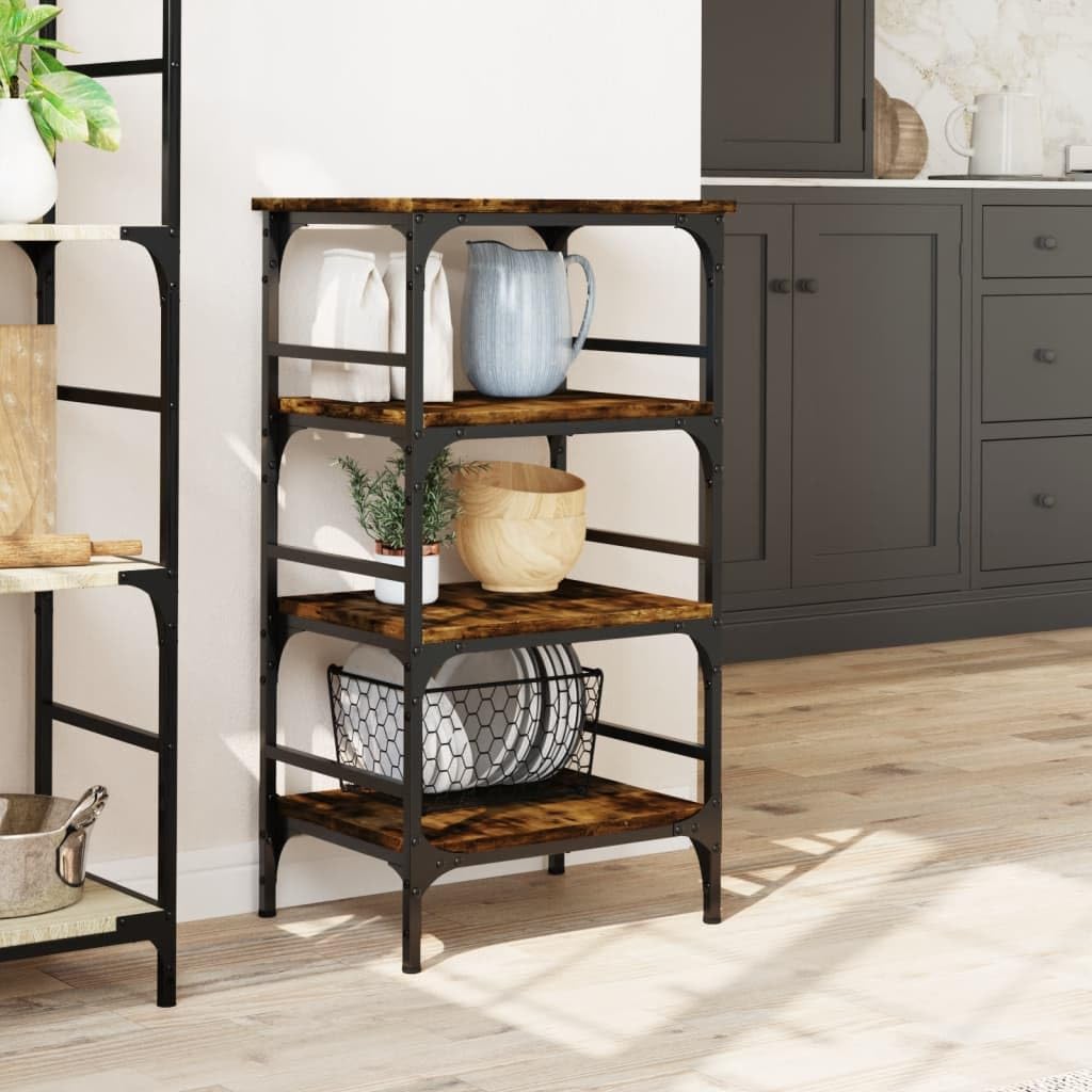 Carro de cocina de roble ahumado de madera y acero, 45 x 35 x 89,5 cm, carro de servicio con ruedas y frenos, espacio de almacenamiento para cocina, salón, baño, estudio