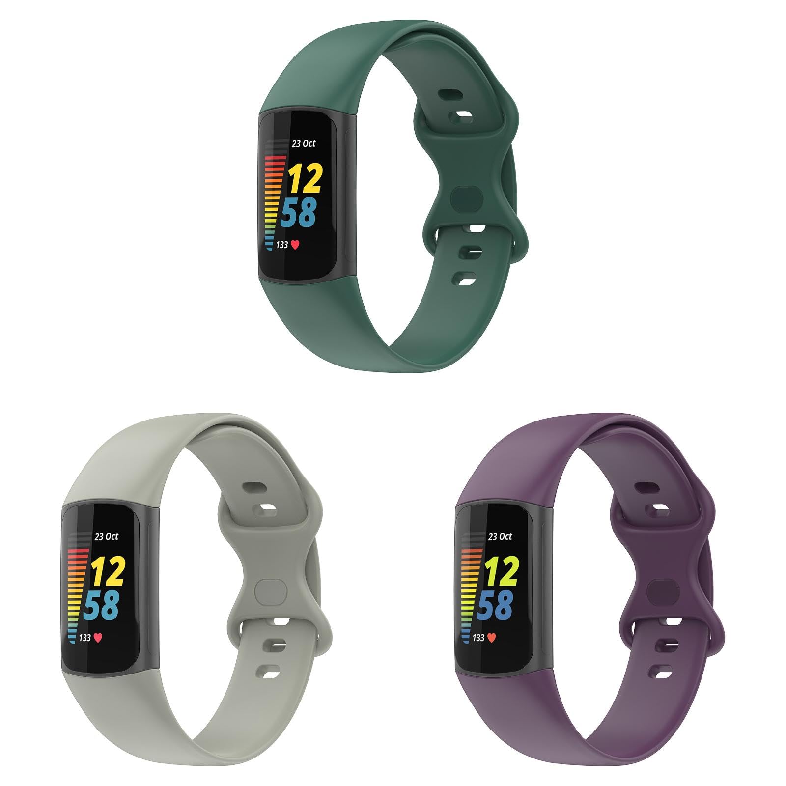 Straps Compatible with Fitbit Charge 6/Charge 5 Strap, 3 Pack Adjustable Replacement Wristband Soft TPU Sport Band for Fitbit Charge 6 Activity Tracker, (Large, Green/Gray/Purple)