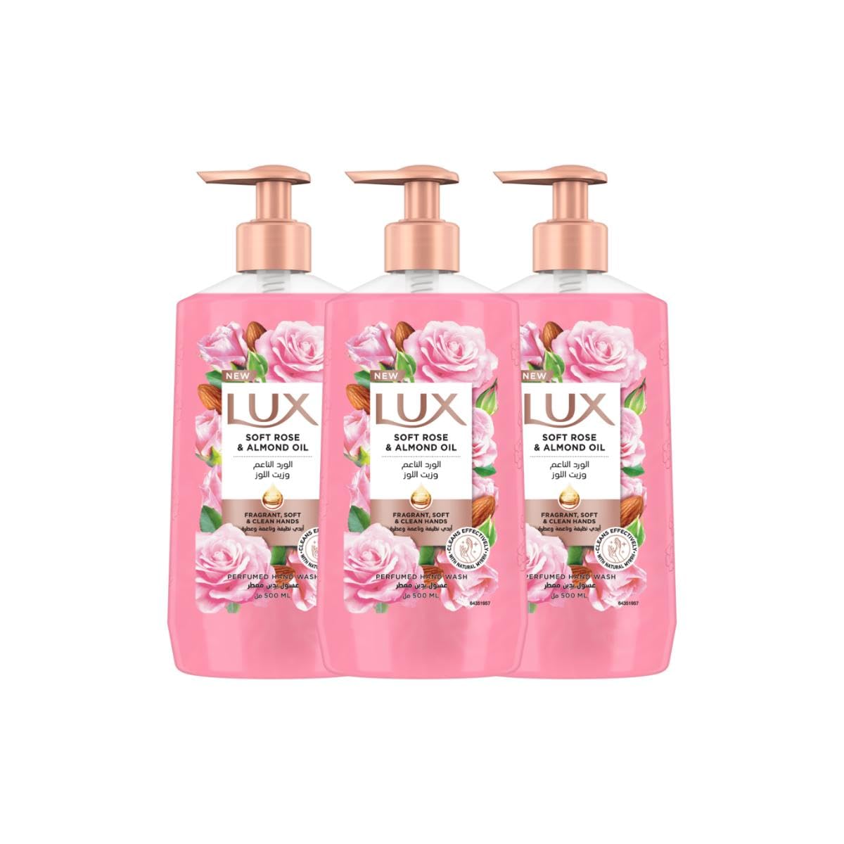 LUX Perfumed Liquid Hand Wash, Soft Rose, with Almond Oil & Glycerin, for Fragrant, Soft and Clean Hands, 500ml x 3