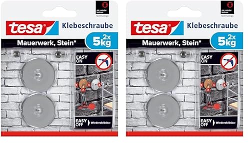 tesa Klebeschraube für Mauerwerk und Stein, Halteleistung 5 kg, rund, 2 Stück (Packung mit 2)