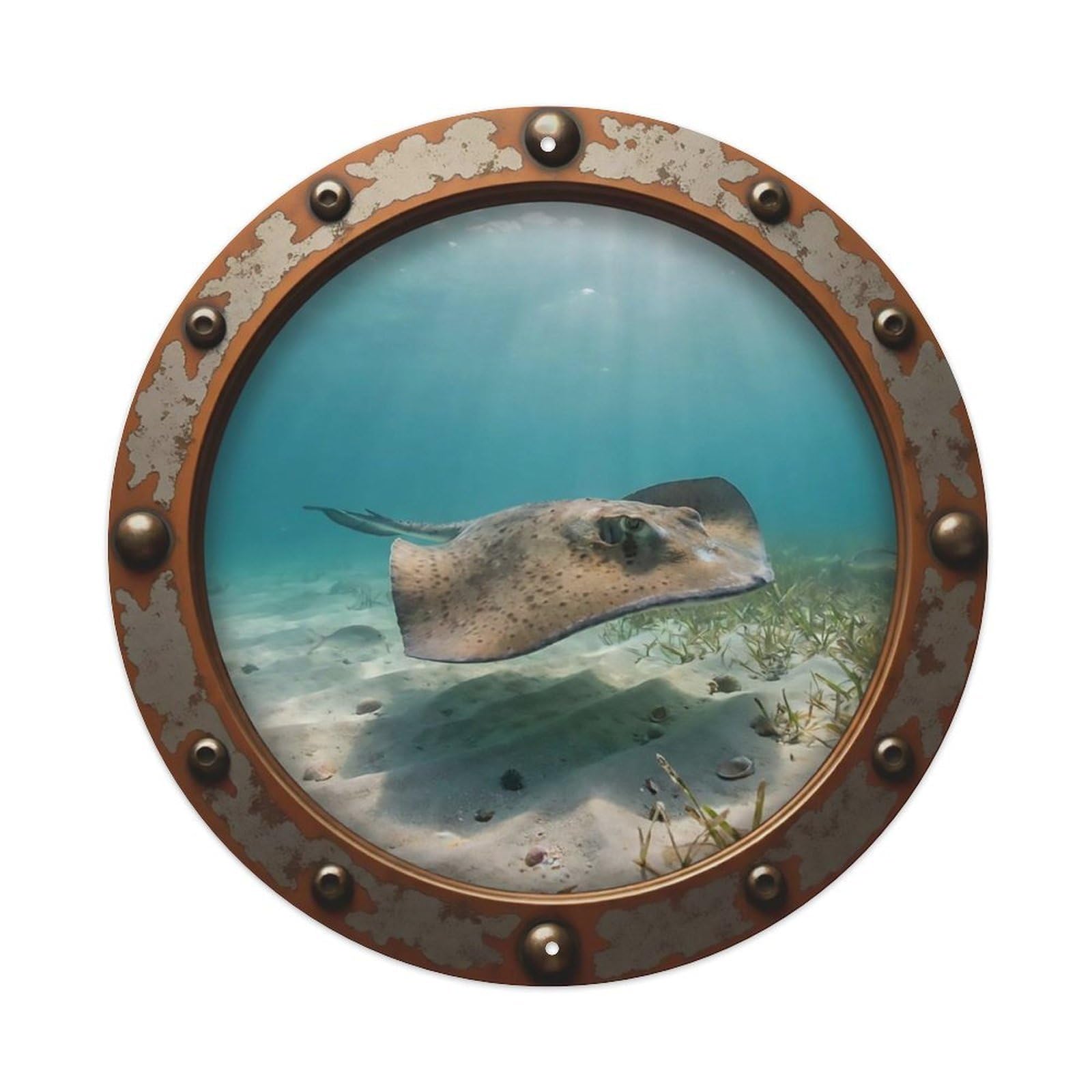 Odgynaw 8X8inch(20X20cm) Vintage Porthole Stingray Glide Nautical Window View Metal Tin Sign