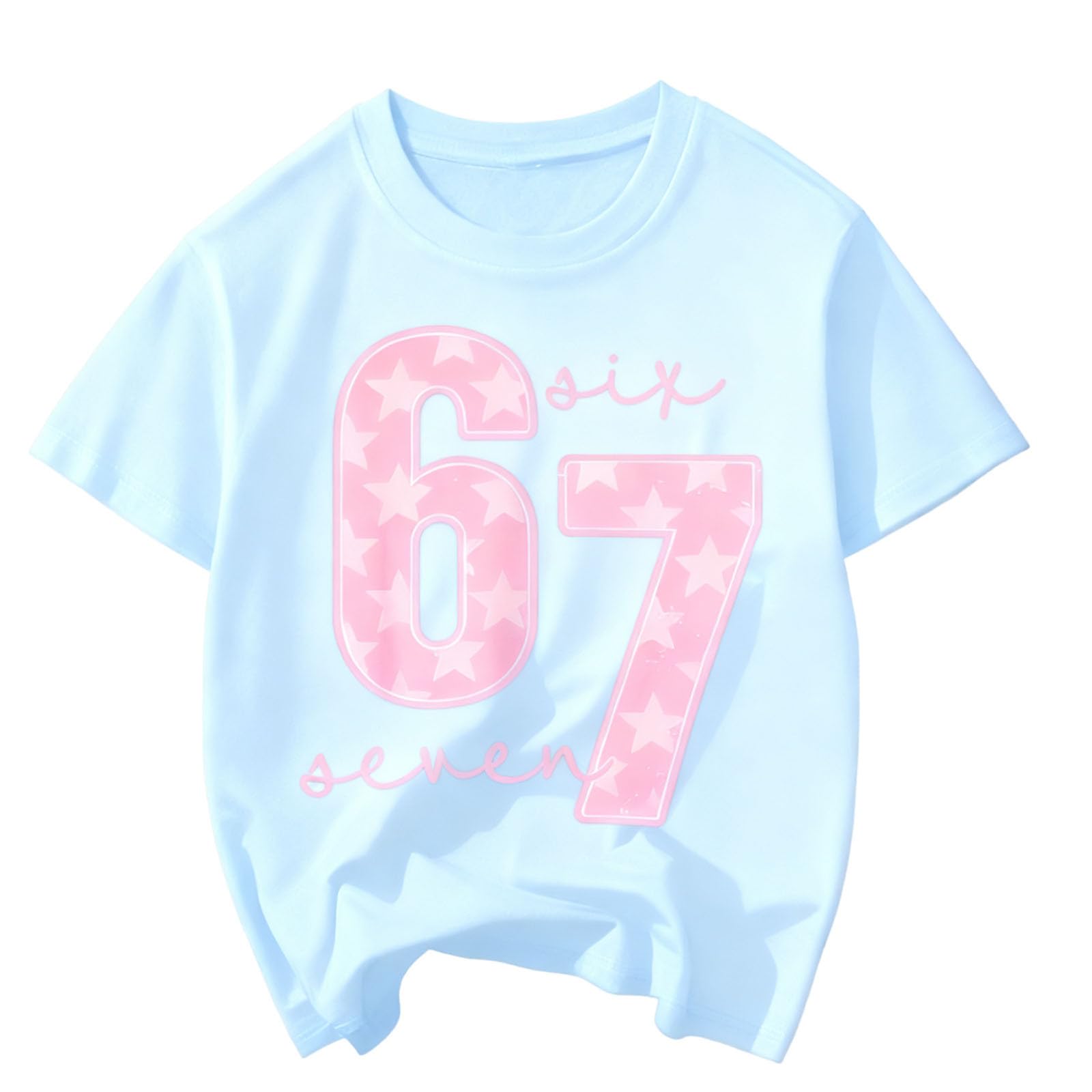 Camiseta de manga corta para niñas Six Seven para niños, estilo informal, con 67 letras, cuello redondo, holgada, para festivales de Navidad