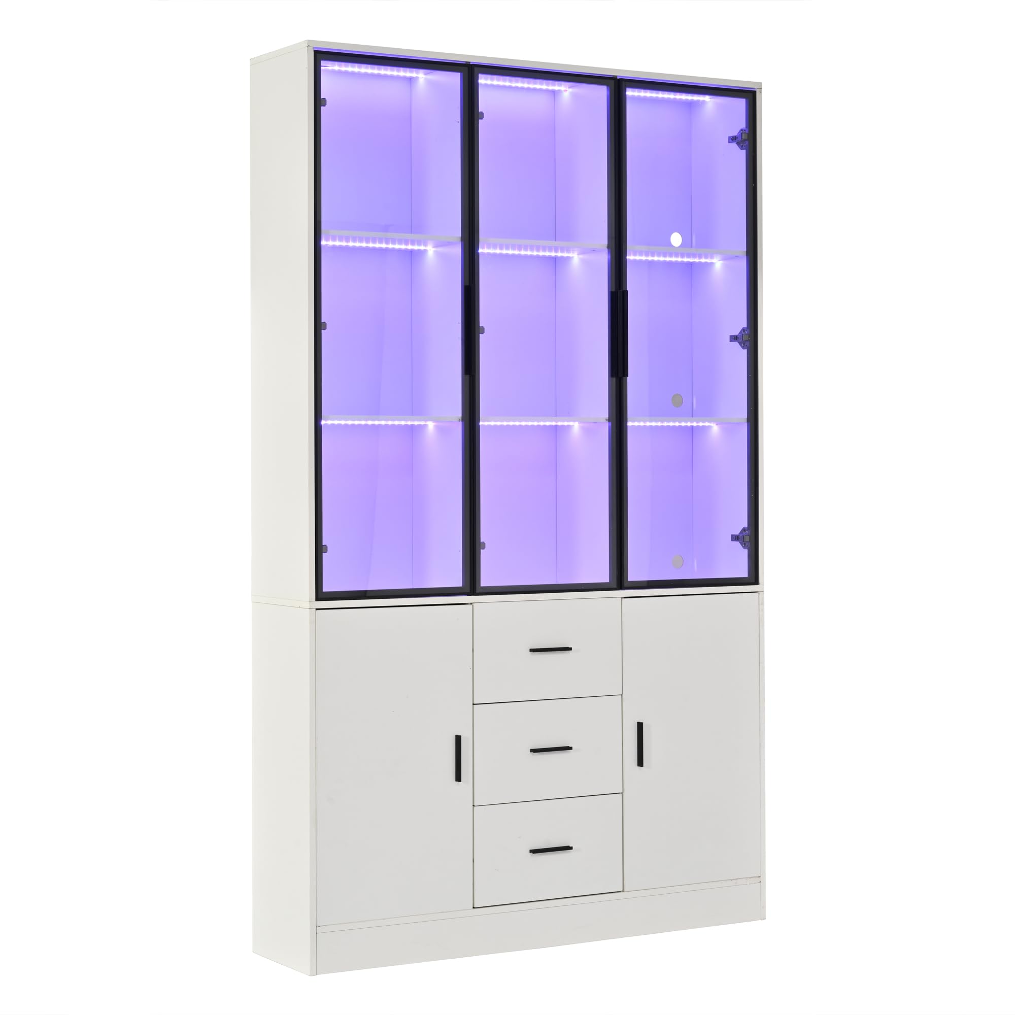 Vetrina con anta in vetro e 3 cassetti, vetrina da collezione con maniglia, libreria, armadietto per soggiorno, bianco, 120 x 30 x 200 cm