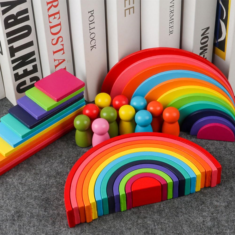 Kiuiom 4 Pièces Jeu D'empilage Arch Jouet,Arc en Ciel Bois Montessori,Kit De Bloc Montessori Jouet,Éducatif en Bois Jouet Bloc De Construction pour Enfants,pour Enfants Ans Garçon Fille