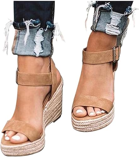 FABIURT - Sandalias para mujer, alpargatas con hebilla de tobillo y plataforma de cuña con puntera abierta, sandalias casuales de verano