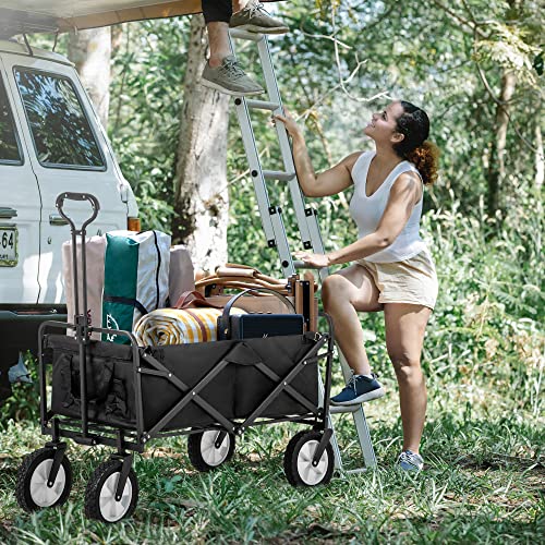 Flieks Faltbarer Bollerwagen klappbar Handwagen, Transportwagen Strandwagen Transportkarre Gartenanhänger Gartenwagen, 360 ° drehbar, belastbar bis 120kg (Schwarz) – Bild 3