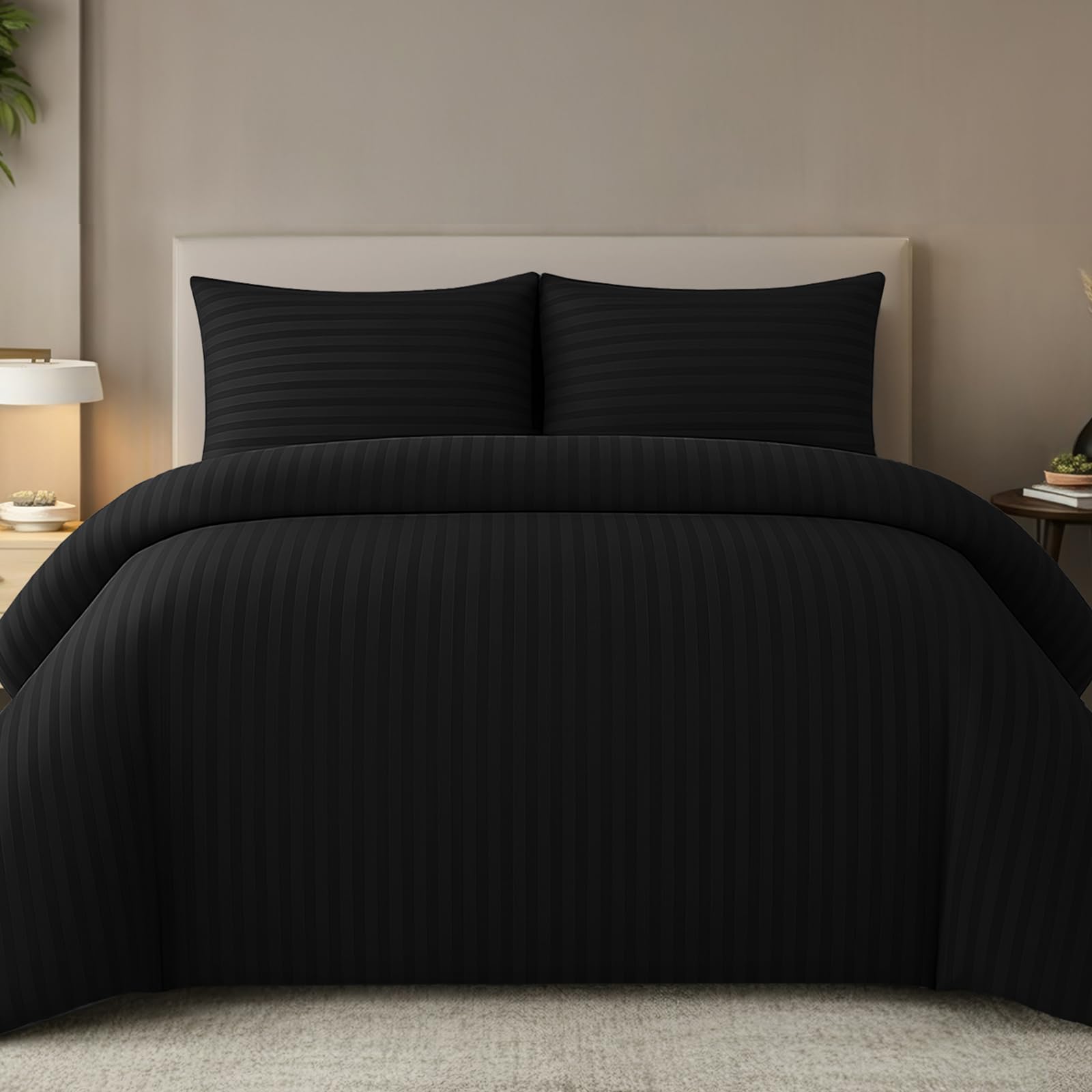 Pamposh Black Satin Stripe Double Duvet Set - Premium Hotel Quality Quilt Cover Bedding Sets - Hypoallergenic Ultra Soft Microfiber Bed Linen