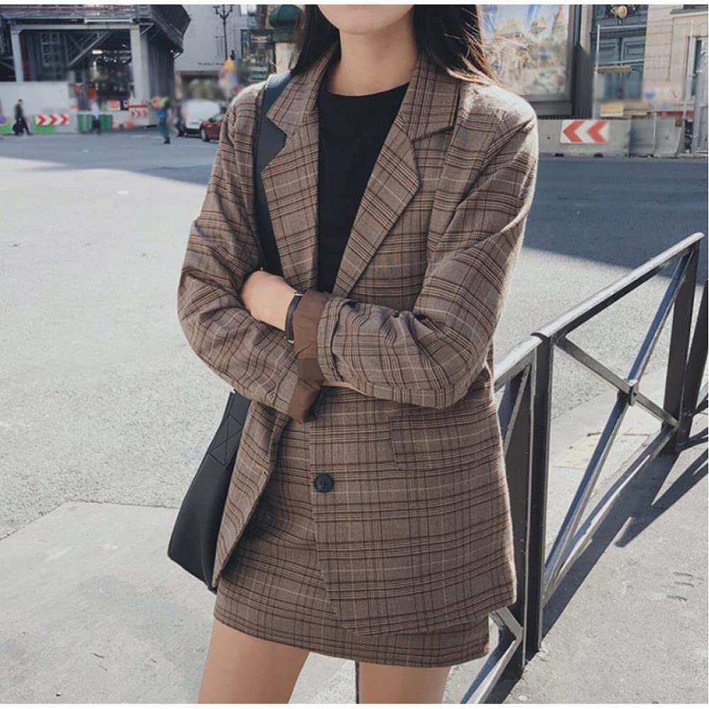 チェック柄 ジャケット 秋冬 レトロ スカート ツーピーススーツ Amazon.co.jp: 秋のツーピースブリティッシュチェック柄スーツ