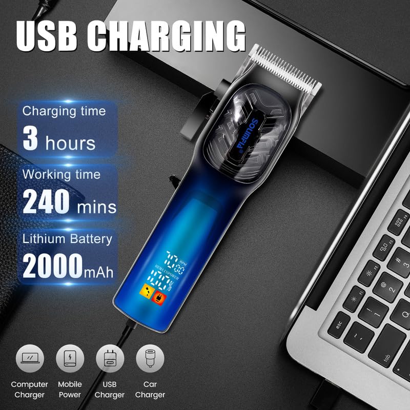 Image of SOLIMPIA HT-6037 Hair Clippers for Men Professional Cordless Hair Trimmer Beard Trimmer 6 Guide Combs Sharp Stainless-Steel Blade Powerful 7000 RPM Motor 2000mAh Battery LED display 240 mins, Blue