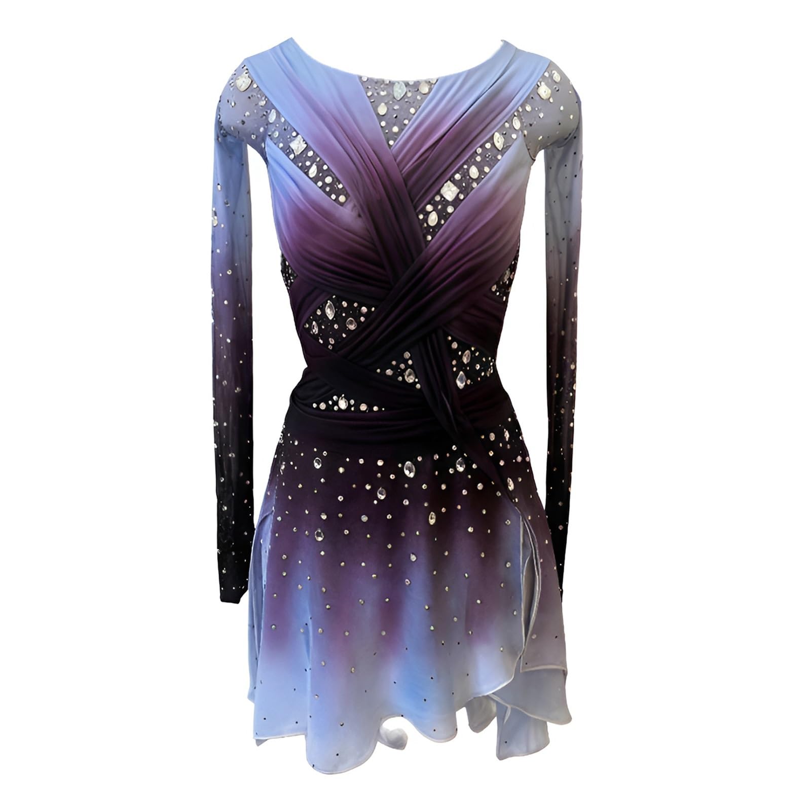 Girl's Long Sleeve Rhinestone Figure Skating Dress, Women's High Elasticity Ice Skating Dresses for Competition(X-Small) Purple