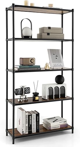 Tangkula Estantería de madera de 5 niveles, organizador de almacenamiento de estantería alta con marco de metal, dispositivo antiderroche, estante