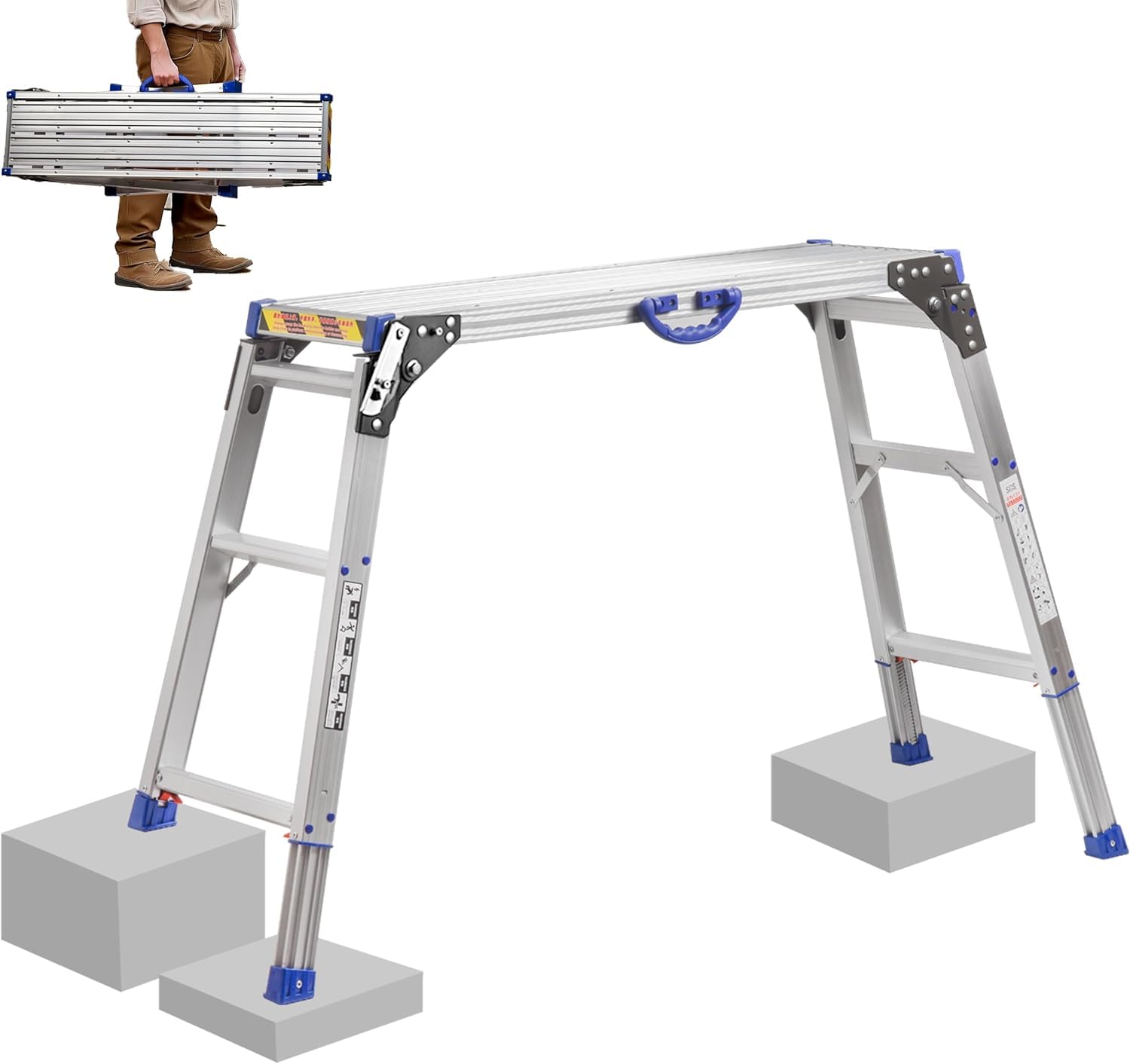 Piattaforma di lavoro100x 30cm, Scaletta pieghevole a 2 gradini in alluminio, Banco da lavoro altezza regolabile, con piedini in gomma antiscivolo e serrature di sicurezza, portata di 150kg