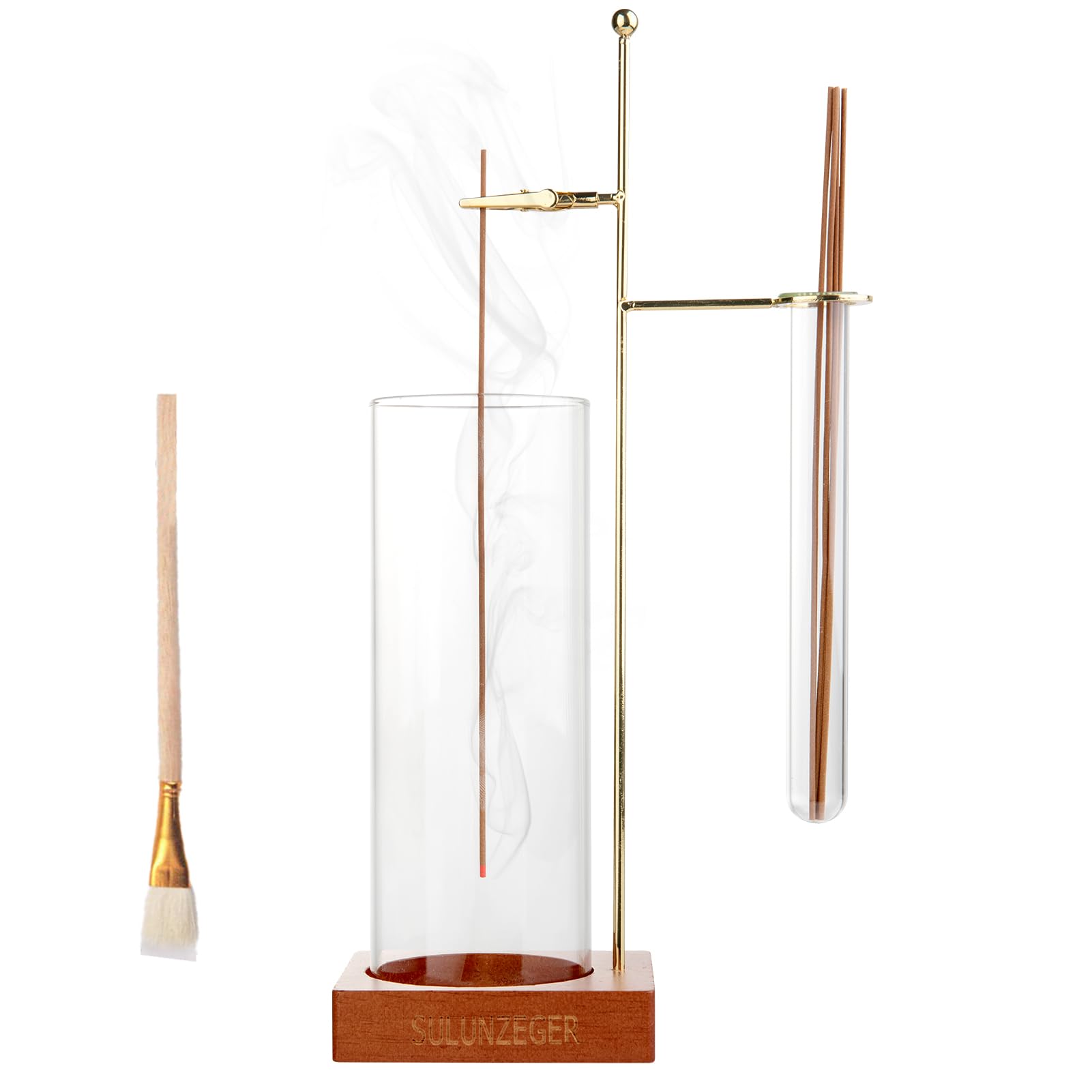 SULUNZEGER Incense Holder, Incense Stick Holder with Removable Glass Ash Catcher and Storage Tube, Wood and Metal Oud Burner with Ash Brush for Yoga Spa Madiation Relaxation, Home Decor