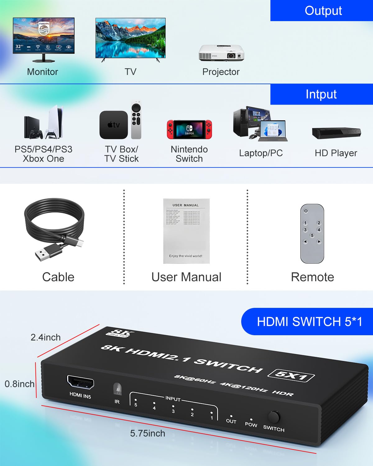 8K HDMI 2.1 Switch - 5 in 1 Out HDMI Switch 8K@60Hz 4K@120Hz mit Fernbedienung, Unterstützt 3D/HDR/HDCP 2.3, Kompatibel mit PS5/4/3, Xbox, DVD-Player, TV und PC 5 Port 4K 120Hz HDMl Splitter