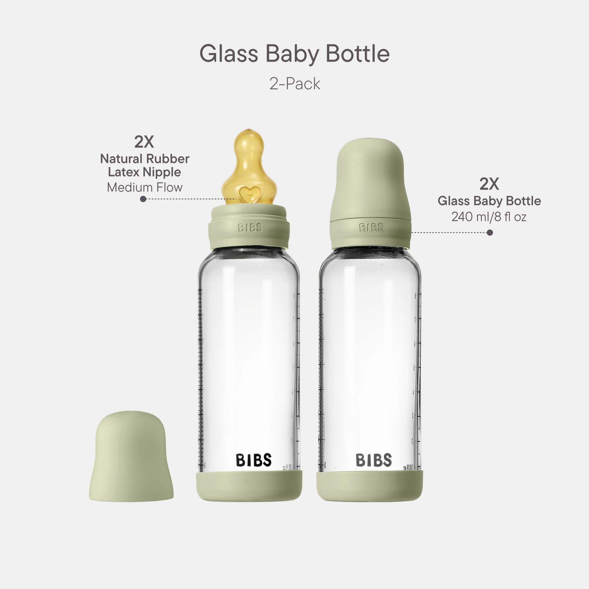 Biberon in vetro BIBS. Anti-coliche. Set di 2. Tettarella rotonda in lattice di gomma naturale. Favorisce l'allattamento naturale al seno, Complete Set - 240 ml (Pack of 2), Sage