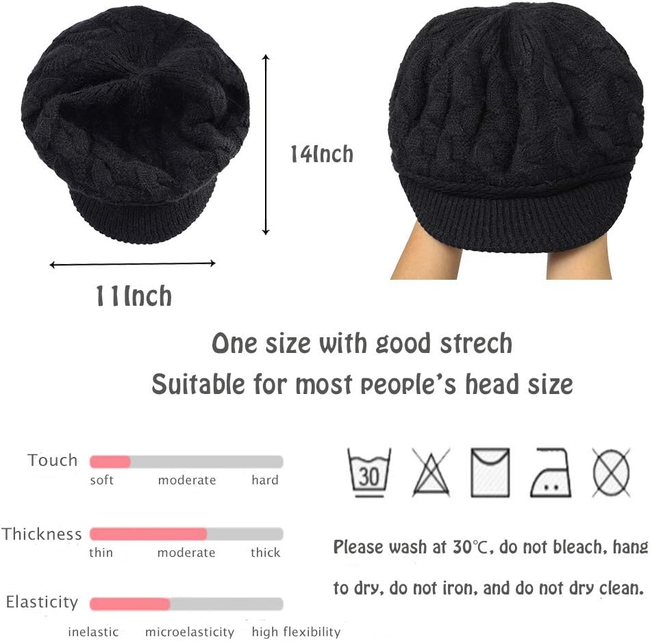 Blufly Winter Hats Cable Knitted Beanie Hat with Visor Beret Ribbed Ski Beanie Cap Slouchy Skull Hat Cap Headwear for Women and Girls (Black) - Image 5