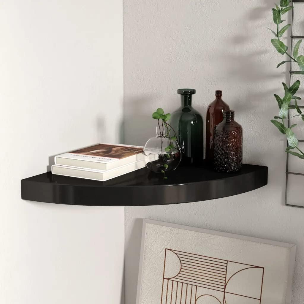 vidaXL Stylish Floating Corner Shelf - 13.8"x13.8"x1.5" - Quality Honeycomb MDF, Sturdy Metal - Black - Wall Mount - Modern Decor Display