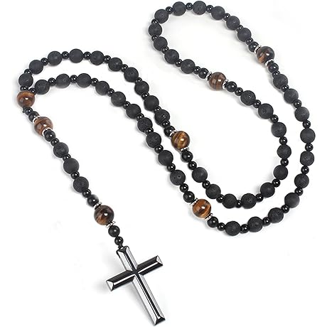 Tiger Eye Black Obsidian and Lava Rock Beads Hematite Cross Pendant Healing...
