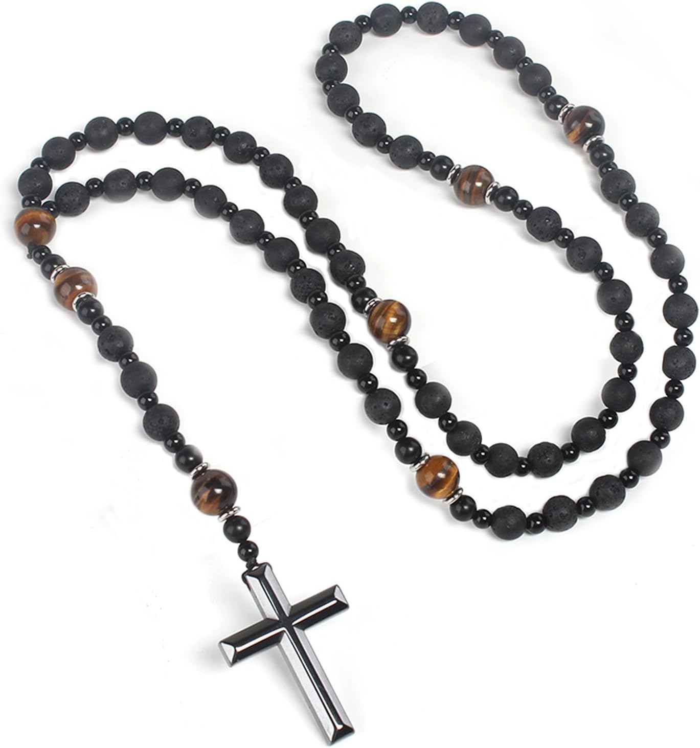 Tiger Eye Cross Necklace for Men, Obsidian Necklace, Hematite Cross Pendant Lava Rock Rosary Healing Crystal Necklaces