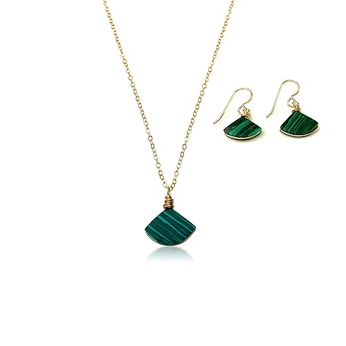 Malachite Jewelry Set for Women Geometric Green Triangle Stone Dainty 14K Gold Filled Necklace and Earrings Malachite Jewelry Gift Set