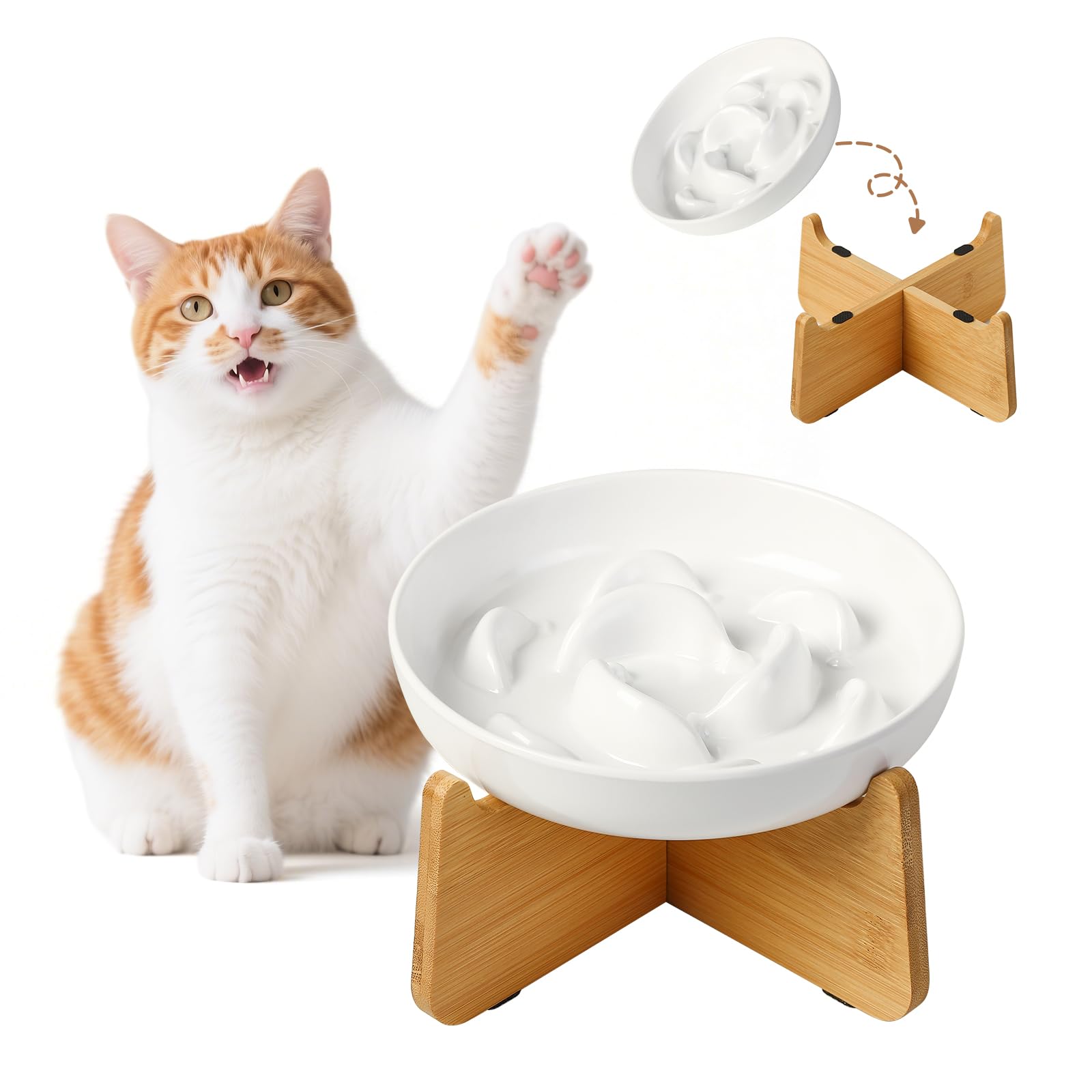 Elevated Slow Feeder Cat Bowl - Melamine Cat Food Plate with Anti-Slip Bamboo Stand - Whisker Friendly Feeding Bowl - Raised Maze Dish for Slow Eating - Ivory White