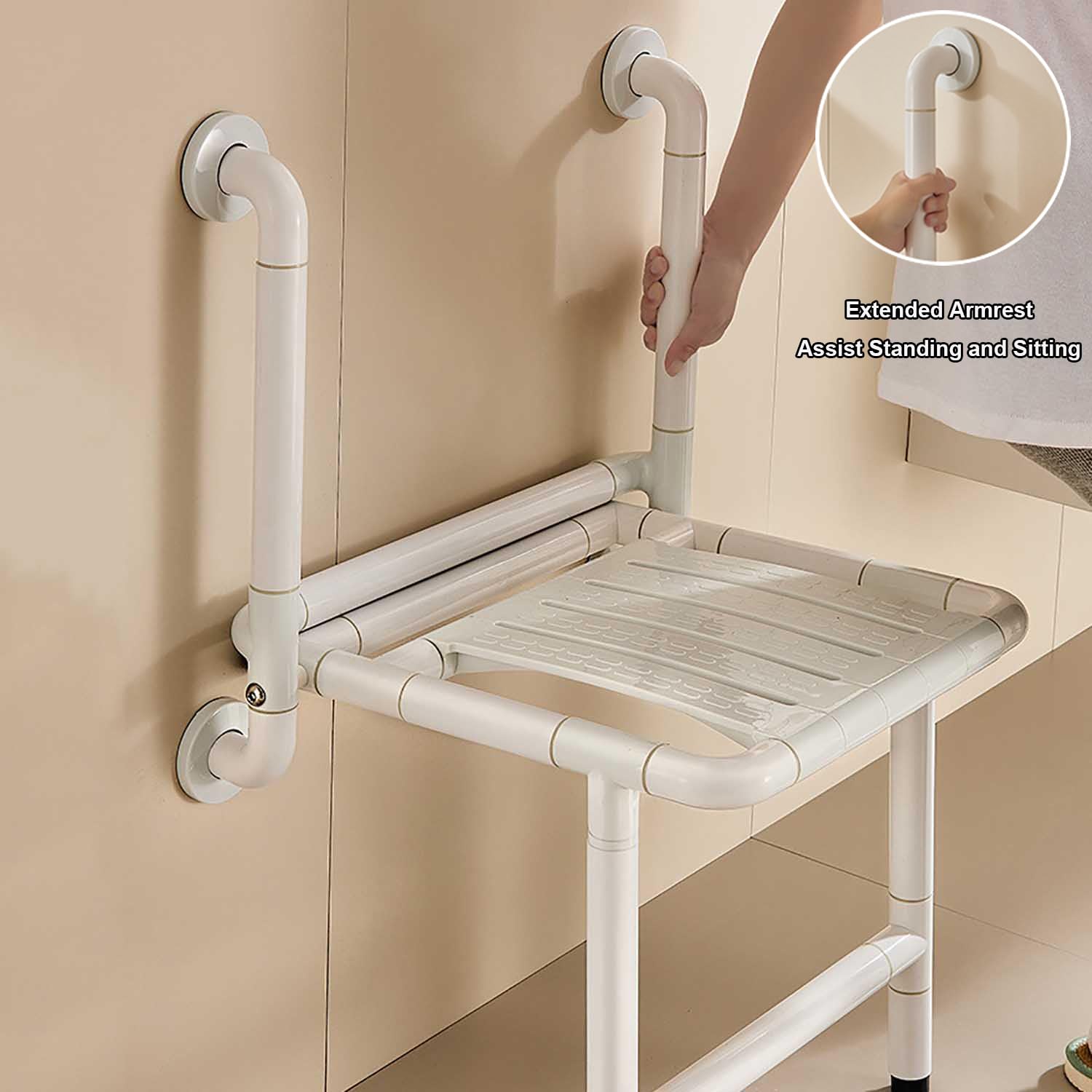 Silla de Ducha Blanca Plegable Antideslizante para Ancianos | Asiento de Ducha Montada en la Pared,Taburete de Baño,Ahorra Espacio,Luminoso,Acero,Panel Reforzado,Soporta 150 kg