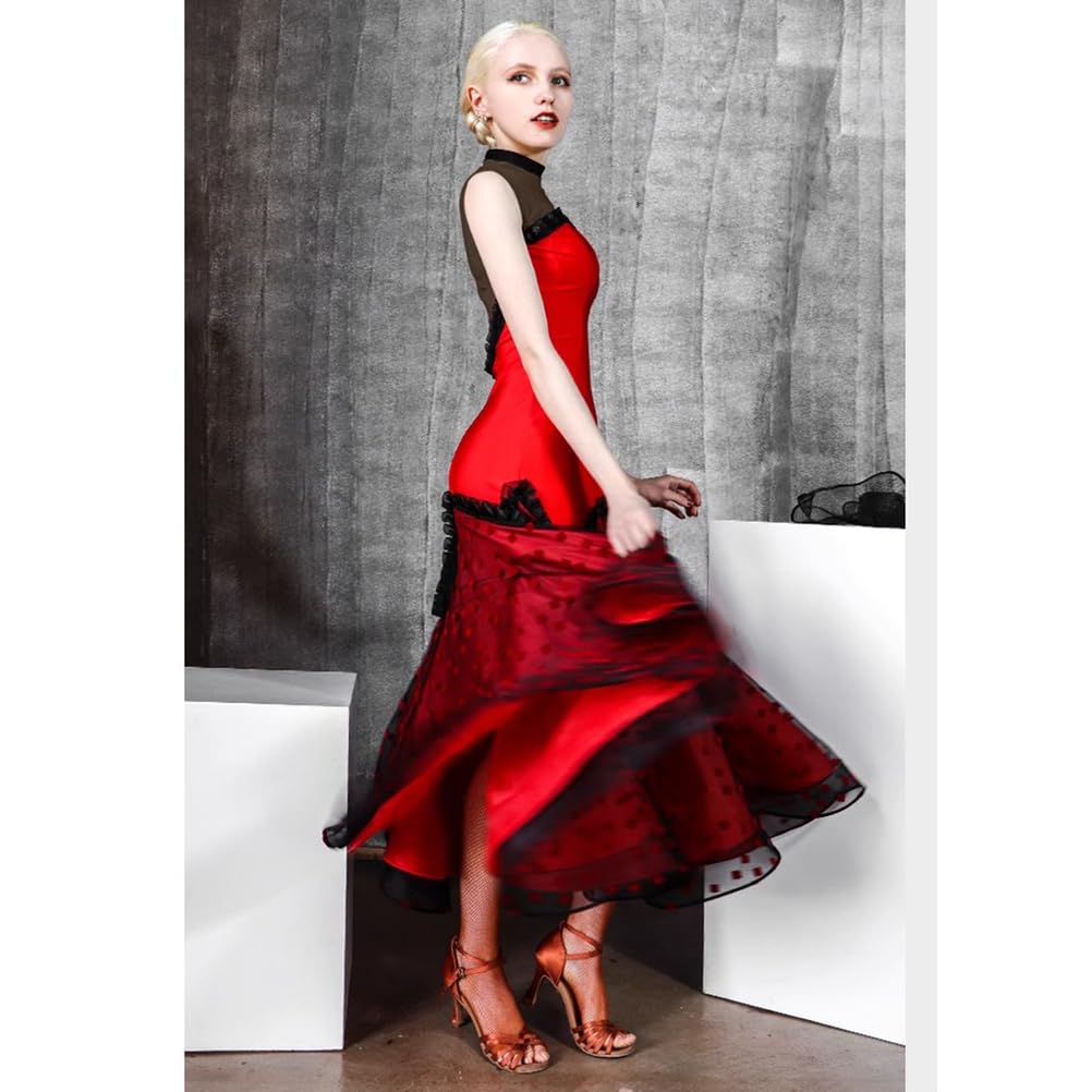 purpleq Vestido de Baile estándar Nacional para Mujeres, Vestido Rojo de salón, Waltz Moderno, Flamenco, Malla de Espina de pez, Falda de Gran Vuelo