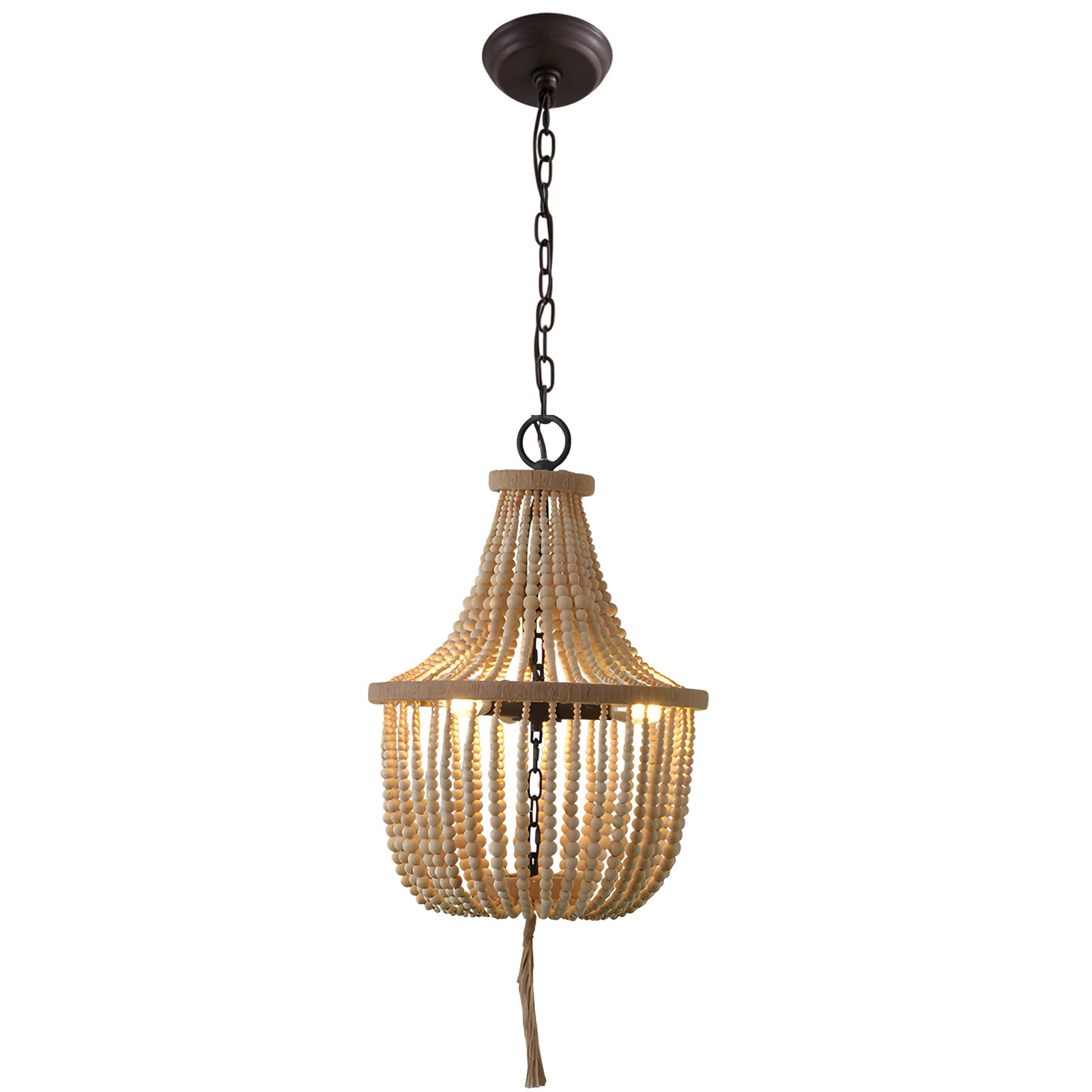 WLBHWL 3-Lights Wood Beaded Chandeliers,15.7" Wide Farmhouse Hanging Ceiling Lighting Fixture with Tassel Accents for Dining Living Rooms, Bedrooms, Kitchen, Adjustable Chain Boho Chandelier