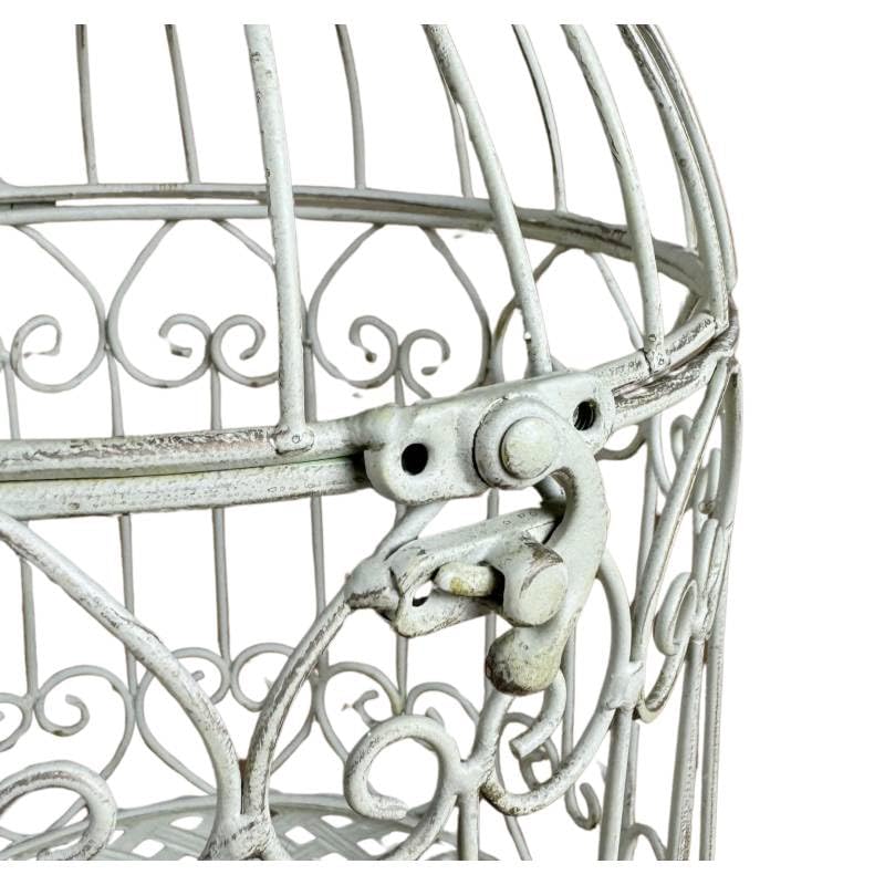 L'Héritier Du Temps Petite Cage à Oiseaux Volière Ronde en Acier Patiné Blanc Abri Décoratif à Suspendre 15,5x15,5x28cm