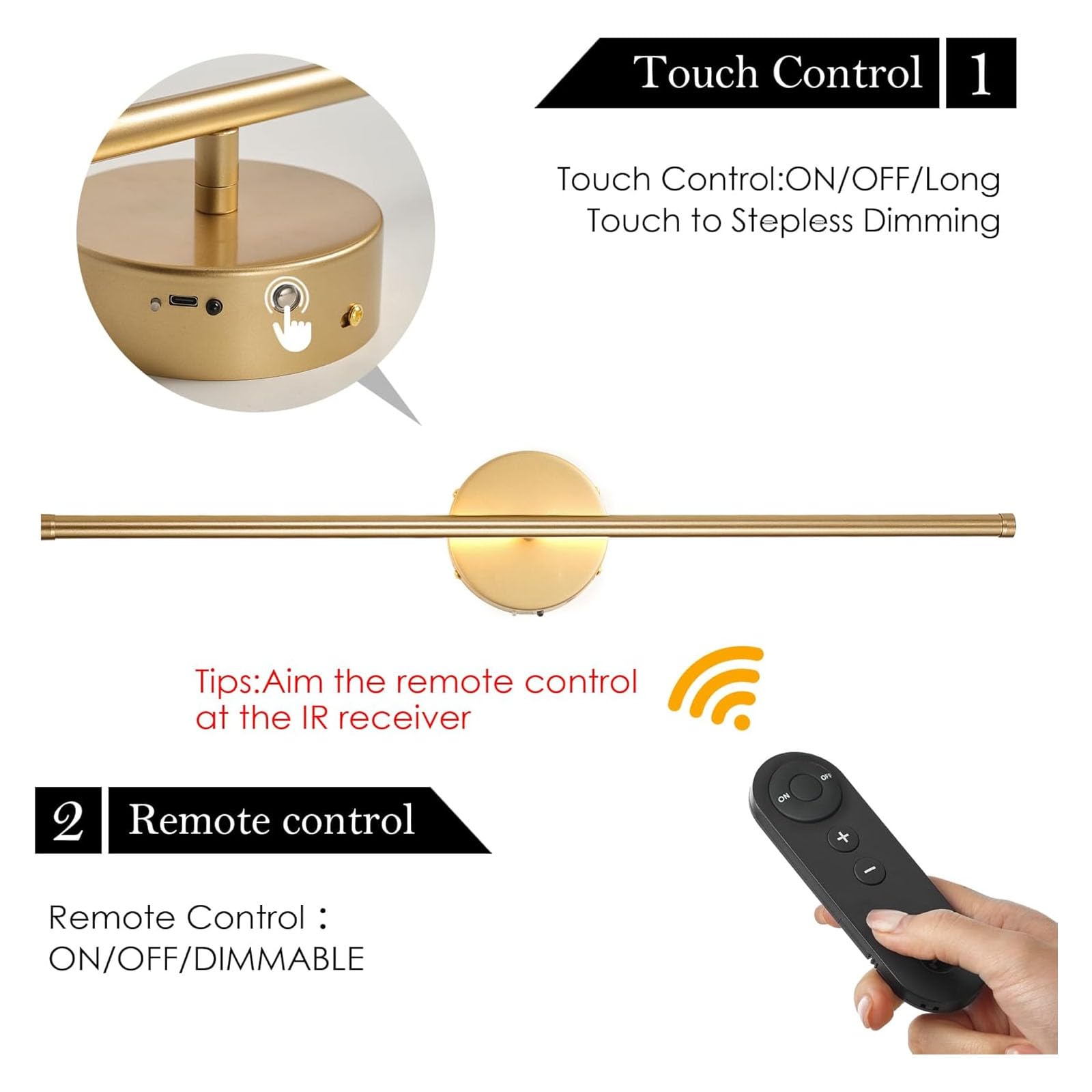 Applique da parete ricaricabili tramite USB, luci a batteria per interni, lampade LED wireless dimmerabili con telecomando e rotazione, moderne per soggiorno e camera da letto (Dimensioni: 72 cm, Col