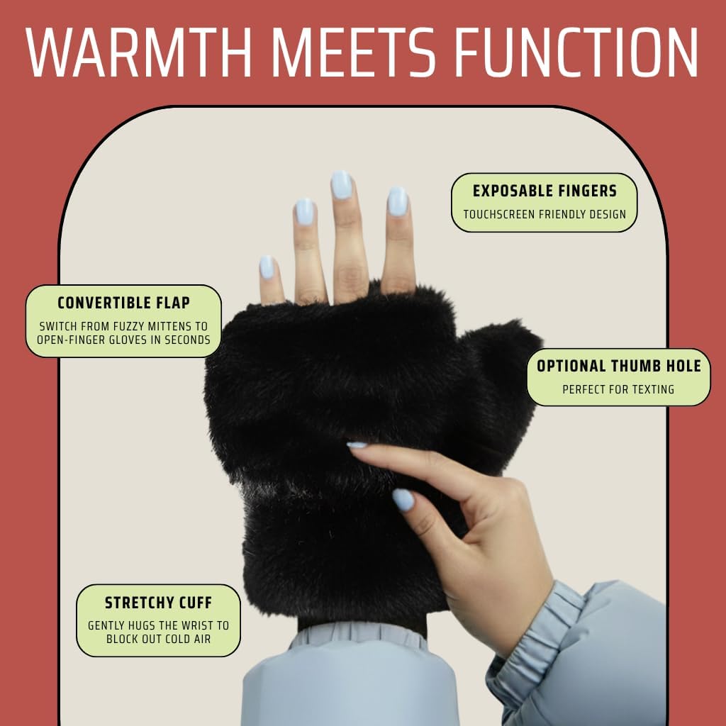 Funky Junque Faux Fur Flip Mittens Womens Warm Convertible Fingerless Gloves - Image 3