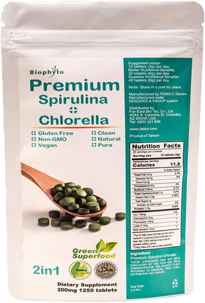 Biophyto-Chlorella Spirulina 2 in 1 Tablets- 1250 Counts- Broken Cell Wall- Vegan- 83 Days Supply- Phycocyanin, Protein- Non-GMO- Iron, Zinc, B12, Chlorophyll, Calcium- 100% Pure-Energy Supports