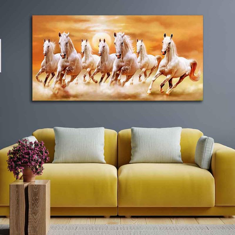 Image of Wall Melody Beautiful Seven Running Horses Canvas Big Wall Painting Floating Frame Wall Paintings for Home and Office Decor Size : 24x48 Inches