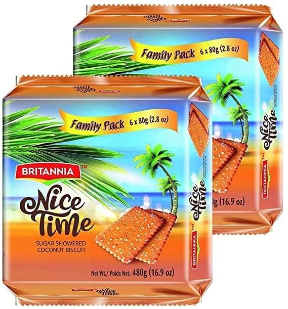 Britannia Nice Time 16.9oz (480g) - Delicious Coconut Biscuit Crunchy - Kids Favorite Breakfast & Tea Time Snacks (Pack of 2)
