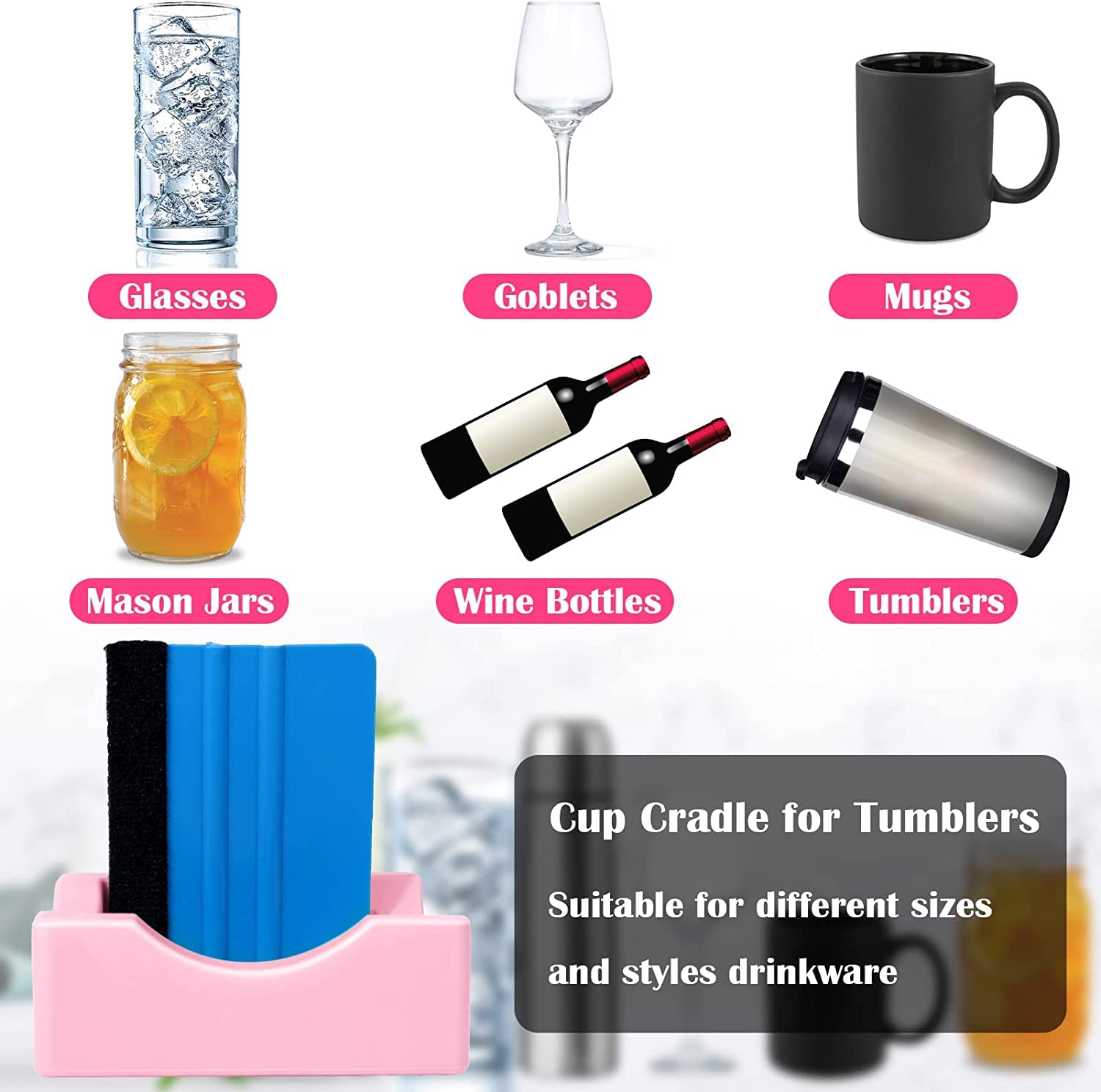 Silicone Cup Cradle For Tumblers With Built-in Slot, Tumbler Holder For Crafts Use To Apply Vinyl Decals For Tumblers, Small Tumbler Stand Cup Holder With Felt Edge Squeegee For Cups Bottles (Pink
