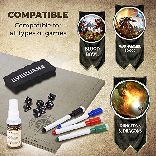 EVERGAME Reusable DND Mat for Usage with Dungeons and Dragons Board Game, DND Miniatures, Starter Kits, dm Screen, Gaming mats, Battle mat - Markers, Eraser, & Dice Set Included