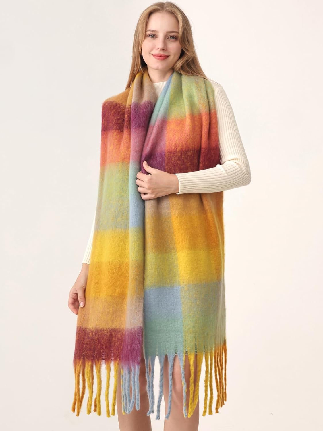 HOTIAN Women's Large Scarf Colorful Chunky Plaid Scarves Soft Winter Thick Tassel Warm Wrap Shawl - Image 3