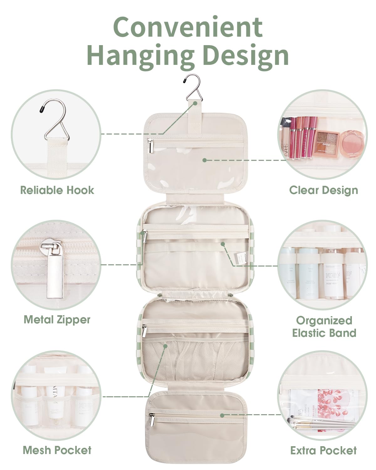 Narwey Checkered Hanging Travel Toiletry Bag for Women Wash Bag Cosmetics Makeup Bag Organizer for Travel Size Accessories(Checkerboard Mint Green (Medium)) - 4