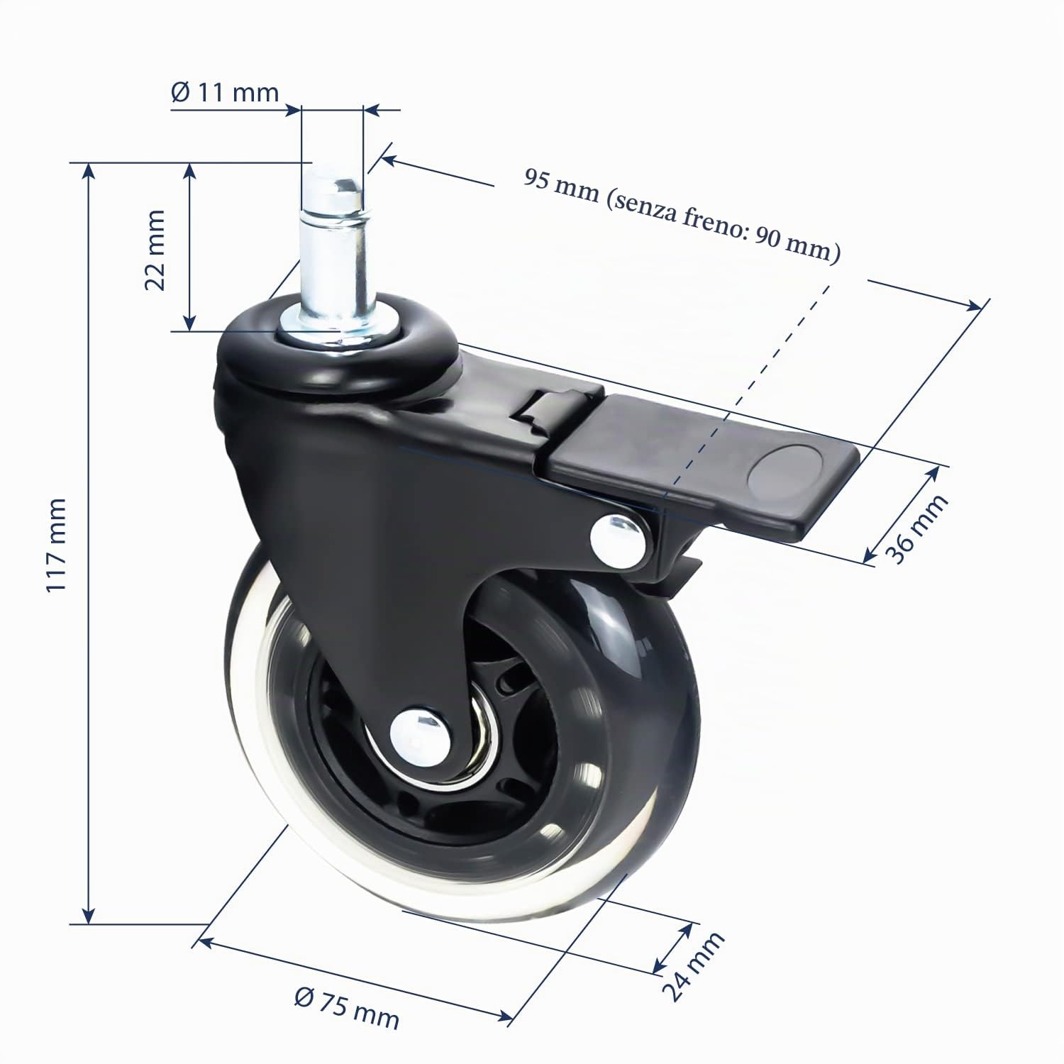 HMF 6810 Ruote per pavimento duro con funzione freno per sedia da ufficio, 5 pezzi, 11 mm, nero