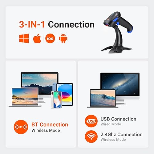 Miniatura 5 de Tera Escáner de código de barras inalámbrico 1D 2D QR con soporte indicador de nivel de batería 3 en 1 funciona con Bluetooth 2.4G inalámbrico USB