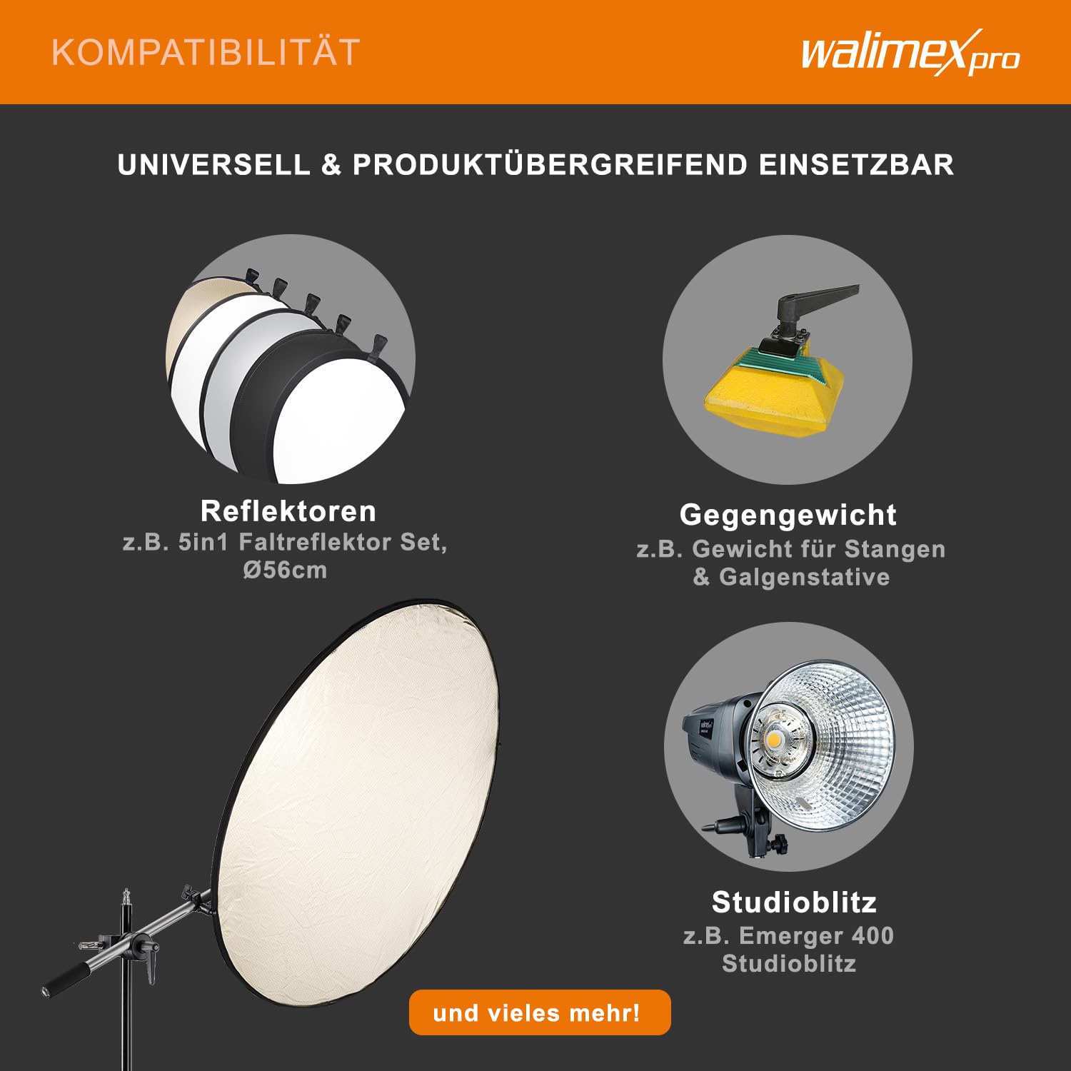 Walimex pro Reflektorhalter mit Klemme 44-150 cm (inkl. Transporttasche)