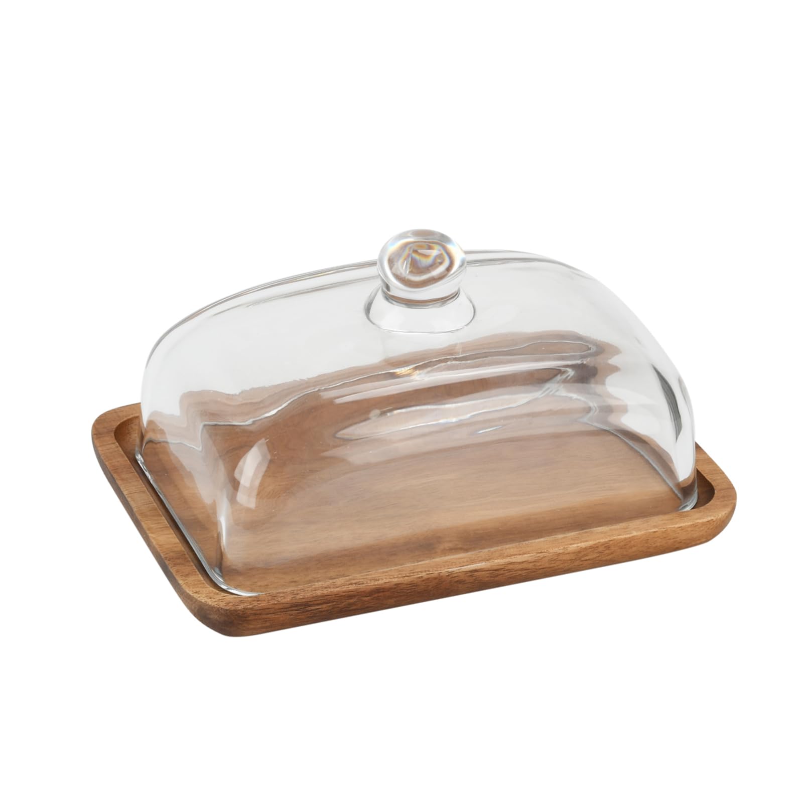 Butter Dish with Lid Acacia Wood Cake Stand with Clear Glass Lid, Multi-Purpose Luxury Serving Tray for Parties, Desserts and Fruits (18x12.5x8cm)
