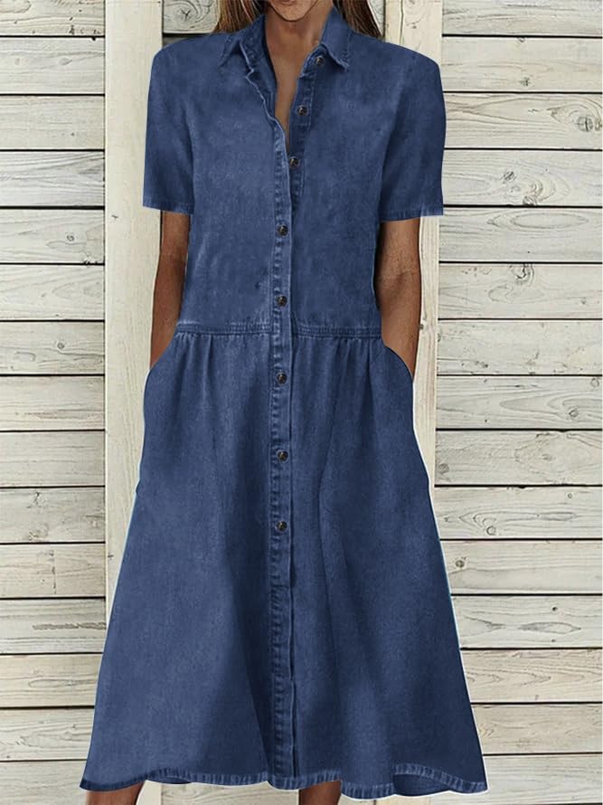 utcoco Womens Denim Dress Lapel Short Sleeve Frayed Hem Jean Dresses Oversized Button Down A Line Shirt Dress2