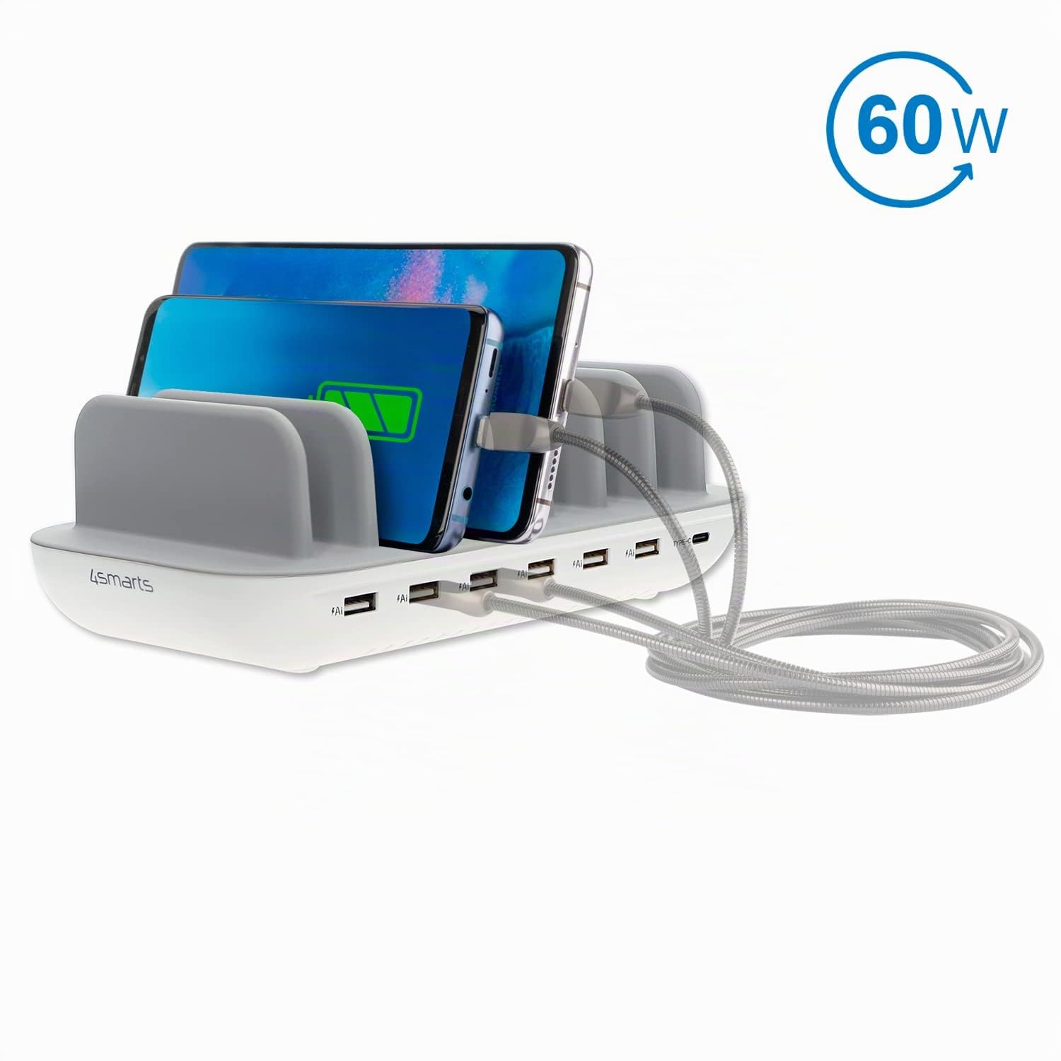 4smarts Office Station de Charge 60W avec 7 Ports USB [6X A & C 2.4A] Chargeur Rapide pour Multiples Appareils Compatible avec iPhone, Samsung, Huawei, iPad - Blanc