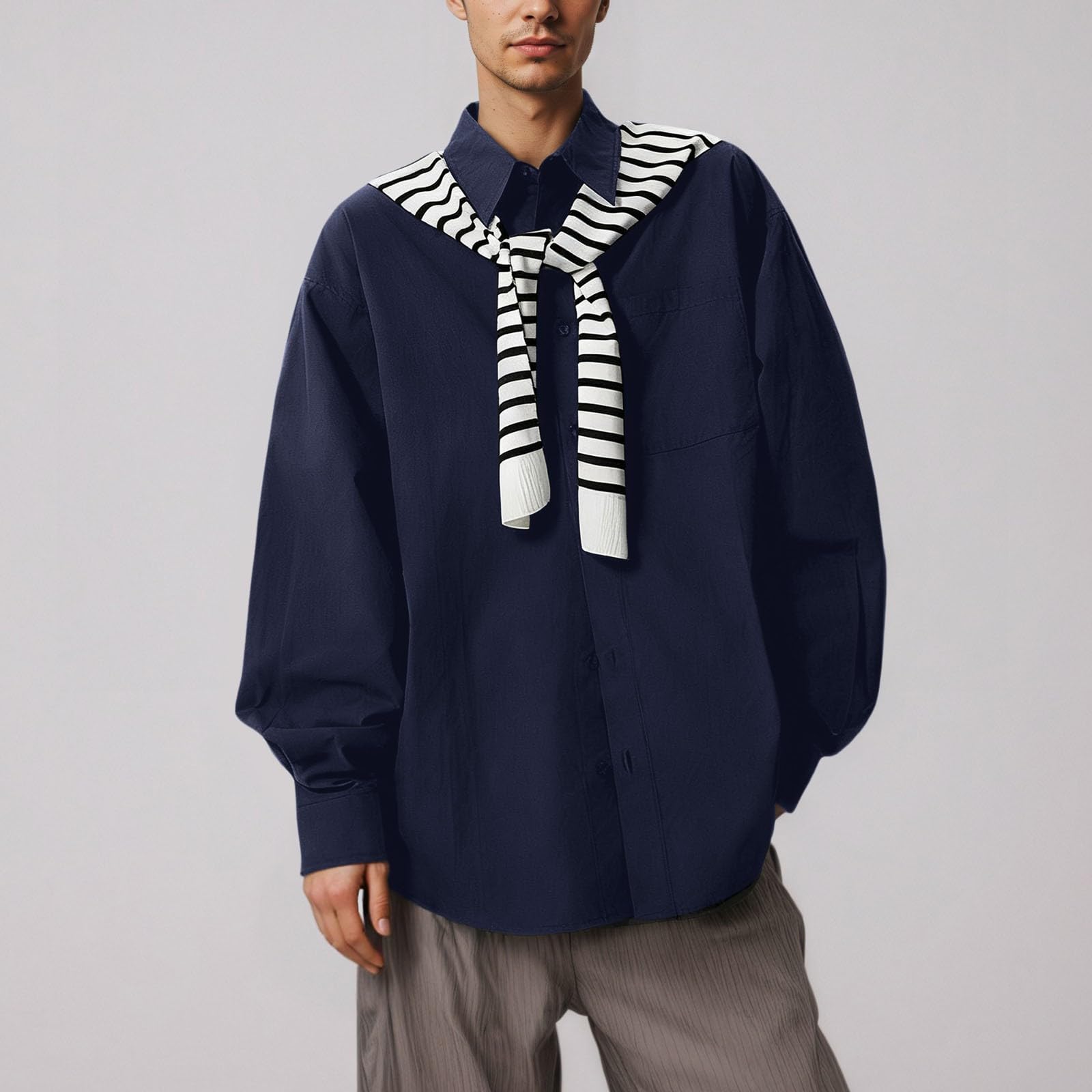 Camicia invernale da uomo, a maniche lunghe, con bottoni, per il tempo libero, con sciarpa a righe rimovibile, a righe, a maniche lunghe, da lavoro, in tinta unita