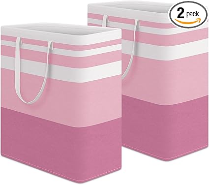 HomeHacks 2 Pack Large Laundry Baskets, Waterproof, Freestanding Laundry Hampers, Collapsible Clothes Hamper with Reinforced Handles in Laundry, College Dorm, Bathroom, Bedroom (Pink, 100Lx2)